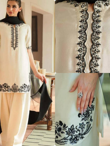 Cream & Black Embroidered 3-Piece Suit