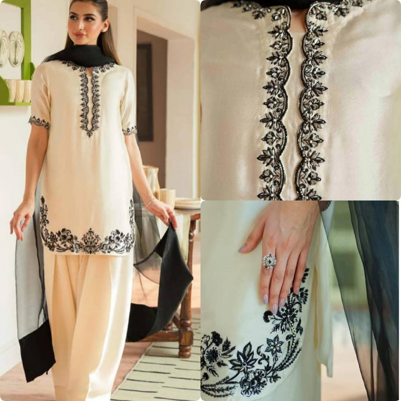 Cream & Black Embroidered 3-Piece Suit