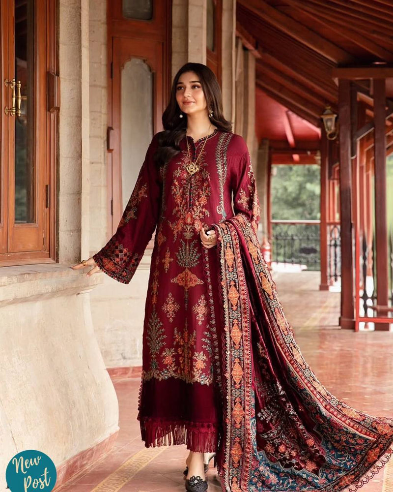 Maroon Embroidered Straight Suit Set