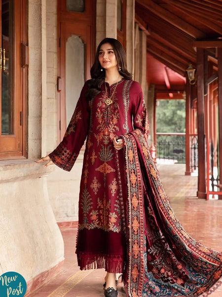 Maroon Embroidered Straight Suit Set