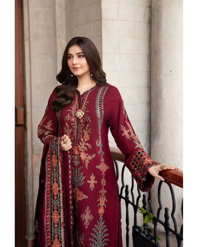 Maroon Embroidered Straight Suit Set