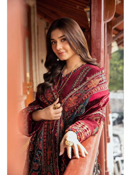 Maroon Embroidered Straight Suit Set