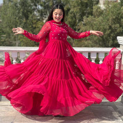 Hot Pink Layered Anarkali Gown