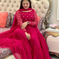 Hot Pink Layered Anarkali Gown