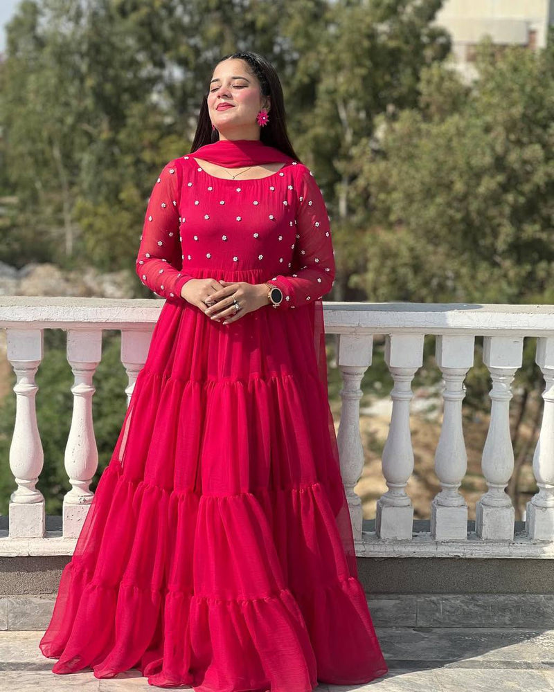 Hot Pink Layered Anarkali Gown