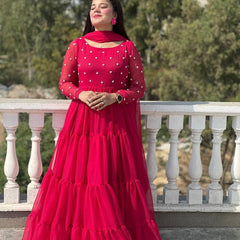 Hot Pink Layered Anarkali Gown