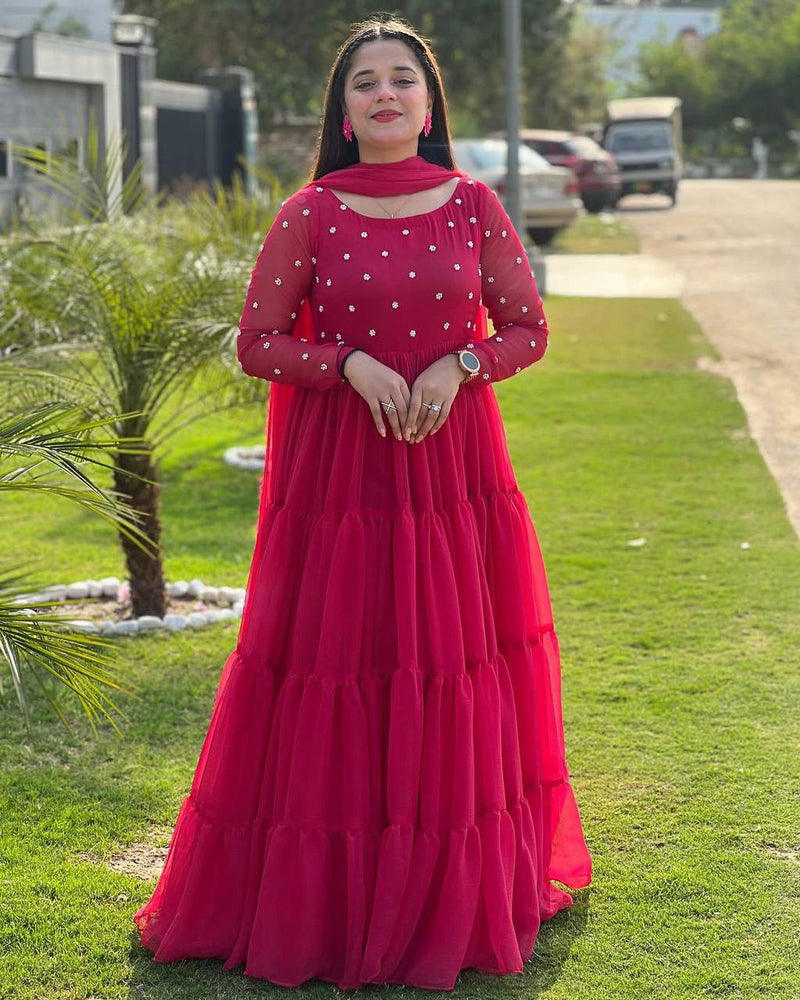 Hot Pink Layered Anarkali Gown