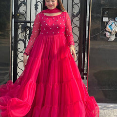 Hot Pink Layered Anarkali Gown
