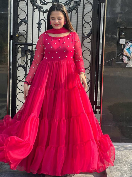 Hot Pink Layered Anarkali Gown