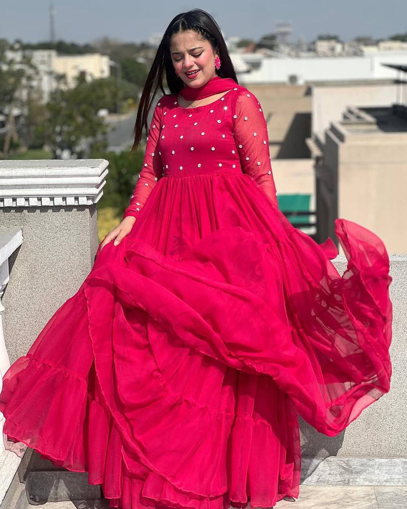 Hot Pink Layered Anarkali Gown