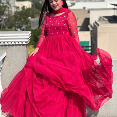 Hot Pink Layered Anarkali Gown