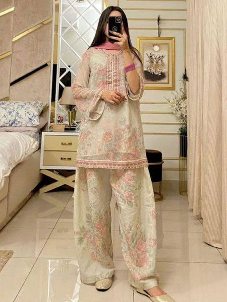 Đěsigner Party Wear Look Pur Sifon Georgette Top & Farshi Palazzo With Dupatta set