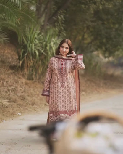 Peach &amp; Maroon Printed Lawn Suit