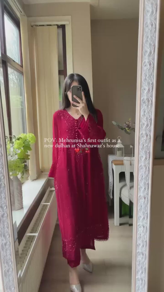 Maroon Floral Embroidered Straight Kurta Suit