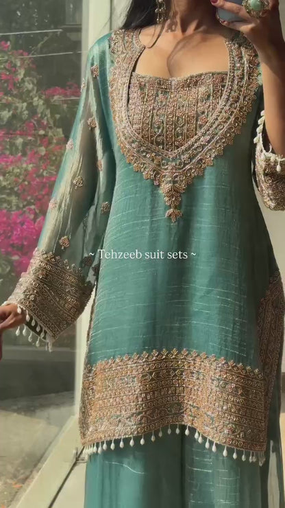 Dusty Rose Embroidered Kurta Palazzo Set with Dupatta