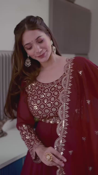 red embroidered Anarkali suit set