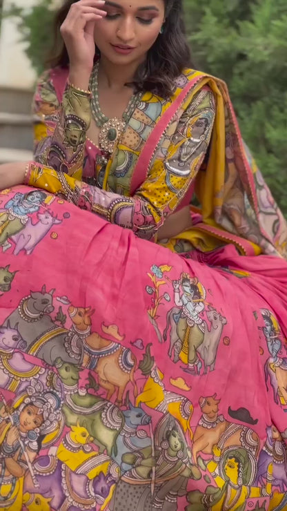 Pink Fully Stitched Printed Kalamkari Lehenga Choli
