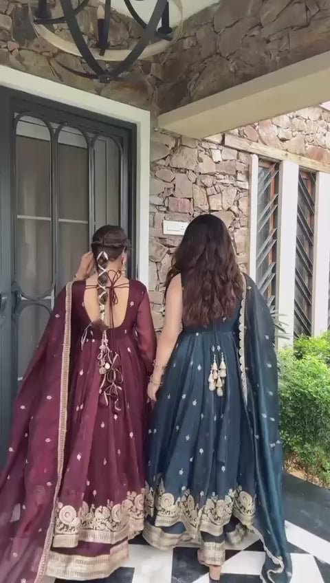 Maroon Silk Blend Anarkali Suit Set with Golden Zari Embroidery & Dupatta
